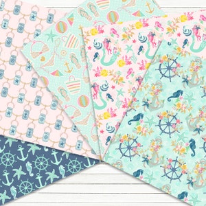 Summer patterns: SUMMER DIGITAL PAPERS with mermaid pattern, navy digital paper, nautical pattern, anchor, 14 images, 300 dpi. png files image 3