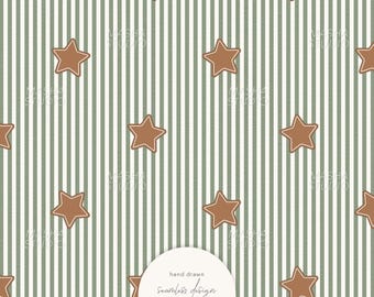 Gingerbread Star Seamless Pattern by Masha Studio, Hand Drawn Cookie Star on Sage Green Stripes File for Commercial Use (Digital Download)