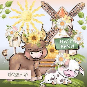 May include: A watercolor illustration of a happy farm scene with a brown bull, a black and white cow, a windmill, a birdhouse, sunflowers, and a sign that says "Happy Farm".