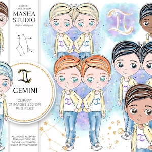 May include: A digital clipart set of 31 images featuring twins representing the Gemini zodiac sign. The twins are illustrated in various poses and skin tones, with each pair wearing a yellow jacket and blue jeans. The images are set against a watercolor background with gold glitter accents and the Gemini constellation.