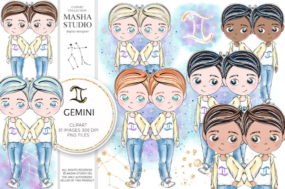 Gemini Boys Clipart, Gemini Clipart, Zodiac Clipart, Astrology Clipart, Zodiac Signs Illustrations, Planner Stickers, Planner Stickers