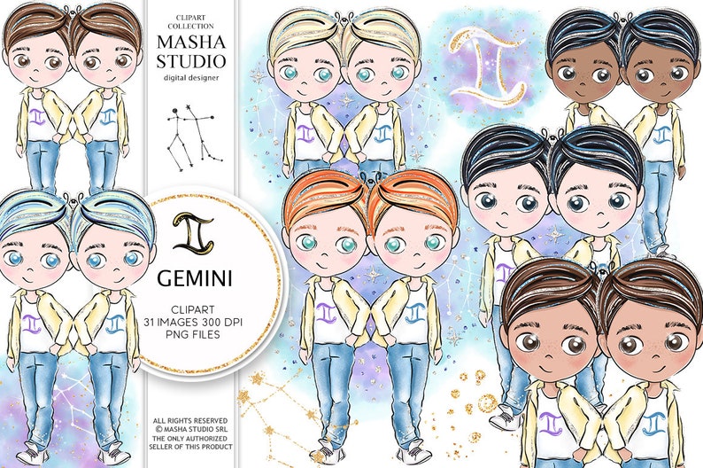 May include: A digital clipart set of 31 images featuring twins representing the Gemini zodiac sign. The twins are illustrated in various poses and skin tones, with each pair wearing a yellow jacket and blue jeans. The images are set against a watercolor background with gold glitter accents and the Gemini constellation.