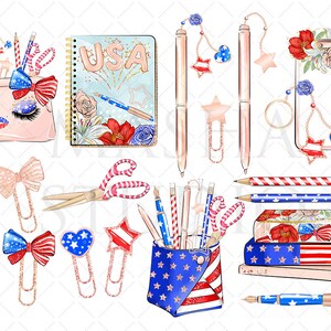 May include: A set of red, white, and blue themed school supplies, including a pencil holder, pencils, pens, scissors, a notebook, a clipboard, and paper clips. The notebook has the word "USA" on the cover.