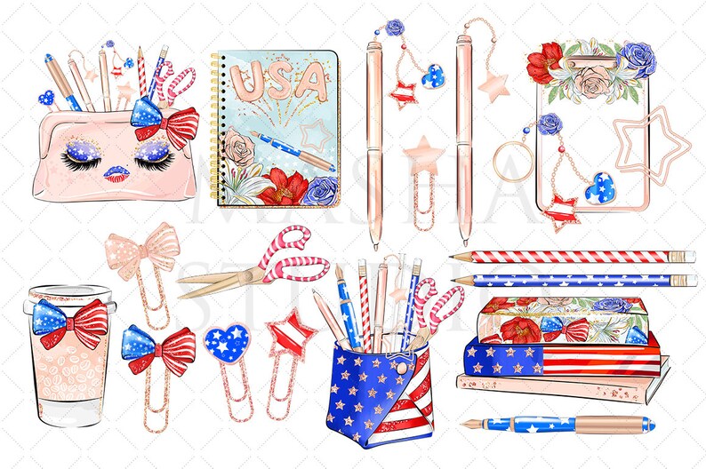 May include: A set of red, white, and blue themed school supplies, including a pencil holder, pencils, pens, scissors, a notebook, a clipboard, and paper clips. The notebook has the word "USA" on the cover.