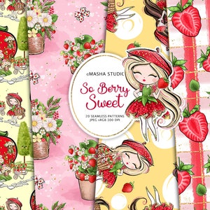 May include: A set of 20 digital seamless patterns featuring a cute cartoon girl with strawberry-themed clothing and accessories. The patterns include strawberries, flowers, and gingham check designs in shades of red, pink, white, and green. The text "So Berry Sweet" is included in the image.