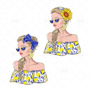May include: Two illustrations of women with blonde hair wearing off-the-shoulder tops with a lemon print. The women are wearing sunglasses and have a braid in their hair. One woman has a blue bow in her hair and the other has a sunflower.