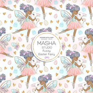 May include: A repeating pattern featuring a fairy with a bunny, Easter eggs, and hearts. The fairy is wearing a pink tutu and has iridescent wings. The design includes the text "MASHA STUDIO Fuzzy Easter Fairy" in a gold circle.