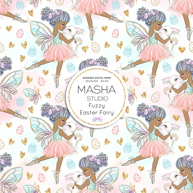 May include: A repeating pattern featuring a fairy with a bunny, Easter eggs, and hearts. The fairy is wearing a pink tutu and has iridescent wings. The design includes the text "MASHA STUDIO Fuzzy Easter Fairy" in a gold circle.