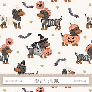 May include: A seamless pattern featuring cartoon dachshunds in various Halloween costumes, including mummy wraps, skeleton suits, pumpkin outfits, and witch hats, interspersed with dark purple bats and gold stars. Text reads MASHA STUDIO.