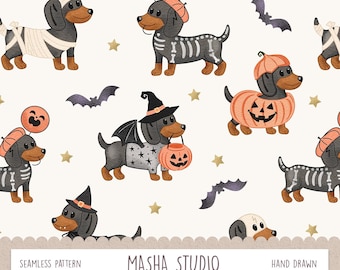 Halloween Dog Seamless Pattern by Masha Studio: Teckel Dog Repeat Pattern File for Commercial Use, Sausage Dog Halloween