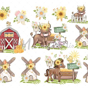 May include: A set of digital clipart images featuring farm animals, windmills, barns, and sunflowers. The images are in a watercolor style and feature a variety of colors, including red, yellow, blue, and green. The text "Happy Farm" appears on two of the images.