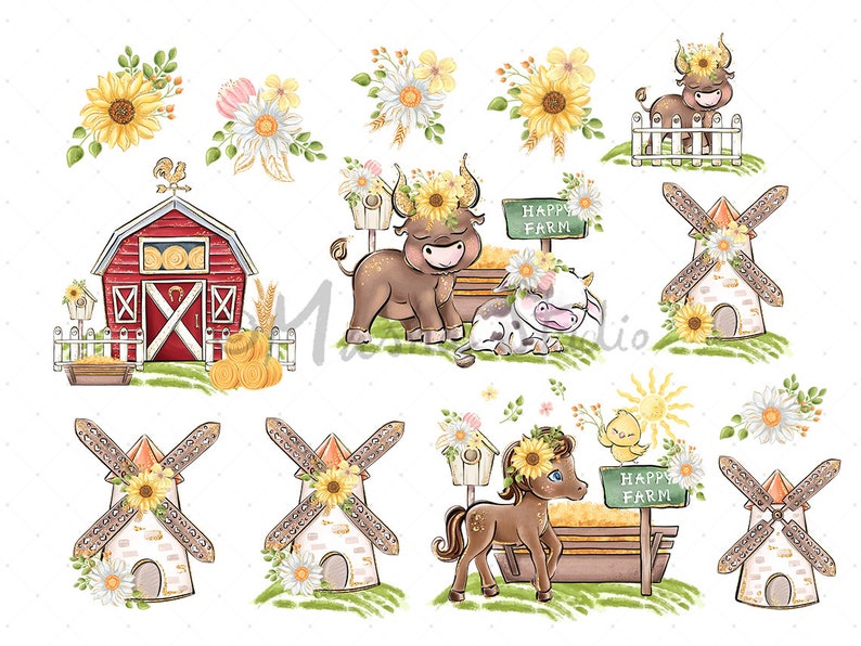 May include: A set of digital clipart images featuring farm animals, windmills, barns, and sunflowers. The images are in a watercolor style and feature a variety of colors, including red, yellow, blue, and green. The text "Happy Farm" appears on two of the images.