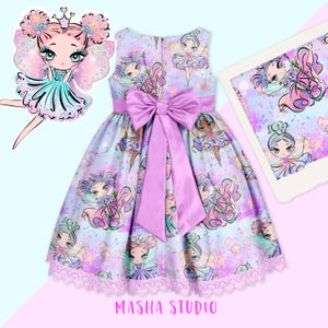 May include: A purple and blue fairy-themed dress with a pink satin bow and lace trim. The dress features a repeating pattern of fairies with wings and flowers. The dress is for a girl and has a sleeveless design.