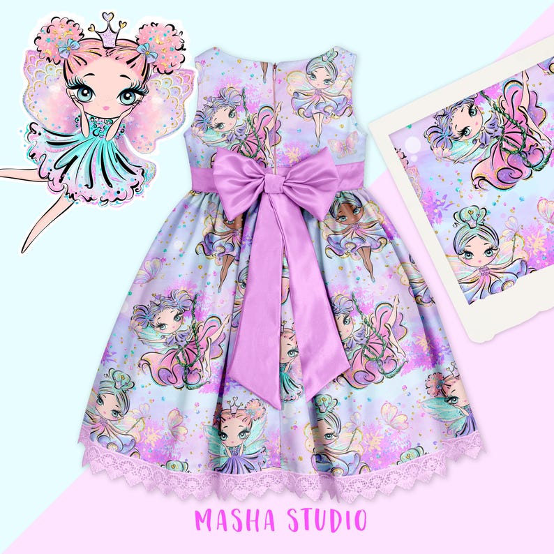 May include: A purple and blue fairy-themed dress with a pink satin bow and lace trim. The dress features a repeating pattern of fairies with wings and flowers. The dress is for a girl and has a sleeveless design.