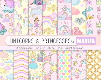 Unicorns papers: " Unicorns & Princesses Digital Papers" with unicorn pattern, rainbow pattern, fairy pattern, 14 images, 300 dpi. JPG files