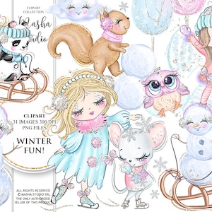 Clipart divertido de inverno, clipart de animais fofos, ilustração de menina, clipart de boneco de neve, clipart de trenó, clipart de esquilo, clipart de coruja de Natal