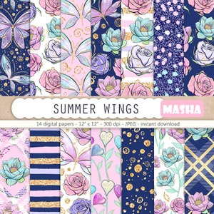 Summer Digital Papers Summer Patterns Butterfly Digital Paper Pack Butterfly Patterns Flower Patterns Floral Background Navy Papers