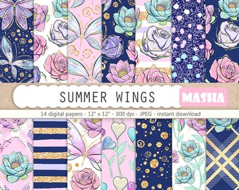 Summer Butterfly Digital Paper Pack, Floral Scrapbook Patterns (Digital Download)