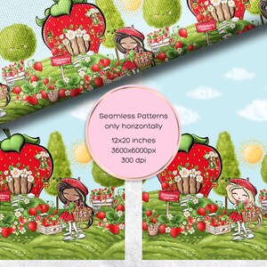 May include: A seamless pattern featuring a strawberry garden with cute cartoon girls, red strawberries, and green leaves. The pattern is 12x20 inches, 3600x6000 pixels, and 300 dpi.