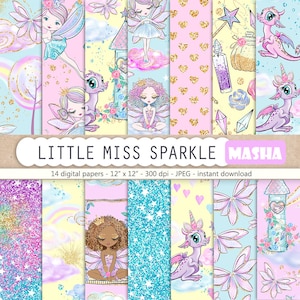Carta digitale fata, motivo fatato, Little Miss Sparkle, illustrazione fata, carta digitale drago carino, motivo a stelle, carta digitale glitterata