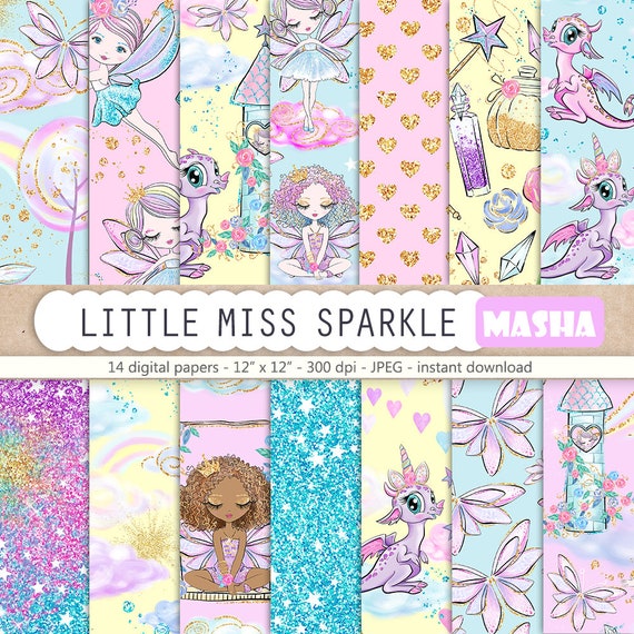 Fairy Digital Paper, Fairy Pattern, Little Miss Sparkle, Fairy Illustration, Cute Dragon Digital Paper, Star Pattern, Glitter Digital Paper