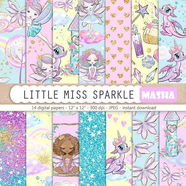 May include: A set of 14 digital papers featuring a whimsical fairy and dragon theme. The papers are 12 inches by 12 inches and 300 dpi. The papers feature a variety of colours, including pink, blue, yellow, and gold. The papers are perfect for scrapbooking, card making, and other craft projects.