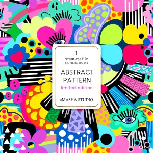 May include: A colourful abstract pattern featuring geometric shapes, stripes and polka dots. The pattern is in a bright colour palette of pink, yellow, blue, green and black. The text "1 seamless file JPG FILES, 300 DPI ABSTRACT PATTERN limited edition @MASHA STUDIO" is in a gold frame.