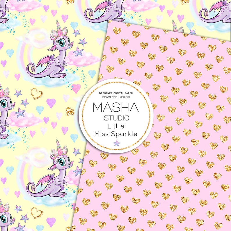 May include: A seamless digital paper pattern featuring a purple dragon with a unicorn horn and gold glitter hearts on a pink background. The text "MASHA STUDIO Little Miss Sparkle" is in a white circle.
