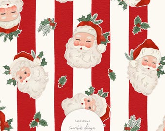 Cute Vintage Santa Claus Seamless Pattern by Masha Studio: Christmas Design with Red Stripes, Hand-drawn Surface Pattern (Digital Download)
