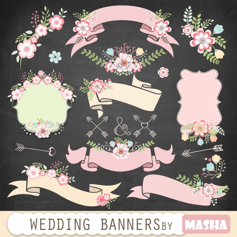 Floral banners: WEDDING BANNERS floral wedding banners, banner clipart, flower bouquet, wedding clipart, ribbons clipart, floral frames image 1