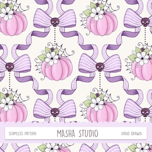 May include: A seamless pattern featuring repeating illustrations of light pink pumpkins adorned with white flowers, green leaves, and black spiderwebs, connected by striped purple bows with small dark skulls. Text reads MASHA STUDIO.