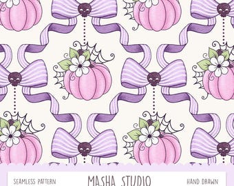 Cute Halloween Bow Trellis Seamless Pattern by Masha Studio | Pink Pumpkin  File | Coquette Bows Repeating Digital Paper for Commercial Use