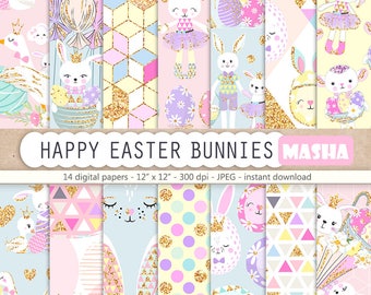 Easter Digital Paper Pack, Easter Bunny Digital Paper Bunny Pattern Easter Eggs Digital Paper Happy Easter Illustration Seamless Patterns