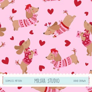 May include: A seamless pattern featuring cartoon dachshunds wearing sweaters and berets, with red hearts scattered on a pink background. The dachshunds are holding letters and have bows. The text "MASHA STUDIO" is at the bottom.