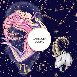 Puede incluir: Una ilustraci&oacute;n caprichosa del signo del zod&iacute;aco Capricornio. Una sirena de pelo rosa con una cola brillante est&aacute; rodeada de estrellas doradas sobre un fondo azul oscuro. El texto "Capricorn Zodiac" est&aacute; escrito en un c&iacute;rculo.