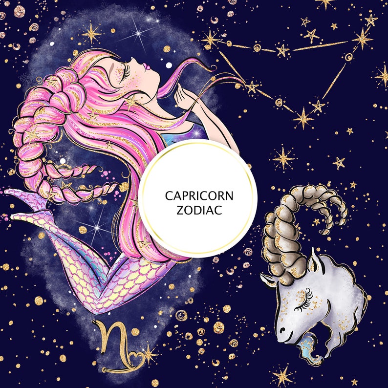 Puede incluir: Una ilustraci&oacute;n caprichosa del signo del zod&iacute;aco Capricornio. Una sirena de pelo rosa con una cola brillante est&aacute; rodeada de estrellas doradas sobre un fondo azul oscuro. El texto "Capricorn Zodiac" est&aacute; escrito en un c&iacute;rculo.