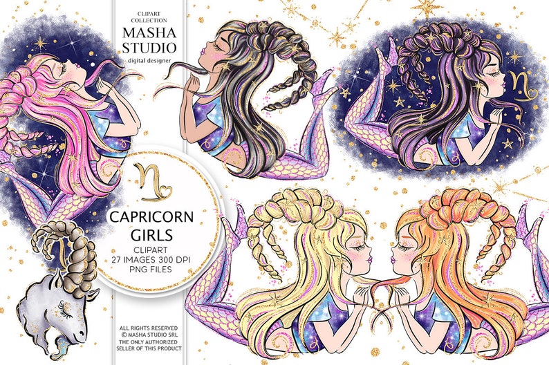 Puede incluir: Un conjunto de 27 im&aacute;genes de clipart digital que presentan a cuatro chicas del signo del zod&iacute;aco Capricornio con brillo y estrellas. Las chicas se representan en varias poses, con el pelo trenzado y adornado con brillo. Las im&aacute;genes son perfectas para crear proyectos personalizados, como invitaciones, tarjetas de felicitaci&oacute;n y p&aacute;ginas de &aacute;lbumes de recortes.