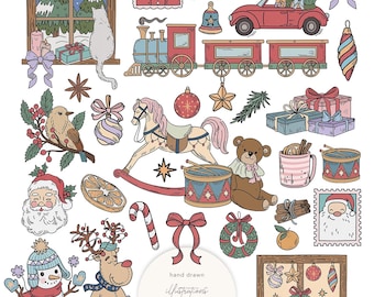 Hand Drawn Vintage Christmas Clipart by Masha Studio, Cute Holiday Illustrations, Santa Claus PNG, Snowman, Rocking Horse (Digital Download)