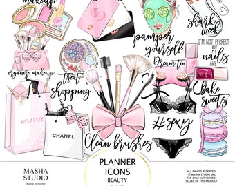 May include: A set of 25 planner icons featuring a pink and gold color scheme. The icons include images of makeup brushes, a shopping bag, a makeup palette, a pair of lingerie, a cupcake, and a woman with a face mask. The text "Clean brushes" and "#sexy" are also included in the image.