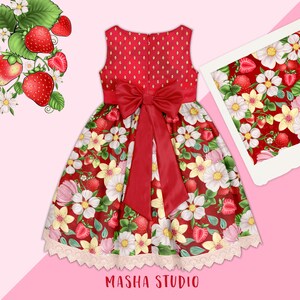 以下が含まれることがあります： 白い花とイチゴのプリントが施された赤いドレス。ドレスは後ろに赤いサテンのリボン、裾に白いレースのトリムが付いています。ドレスはピンクの背景の上にあります。