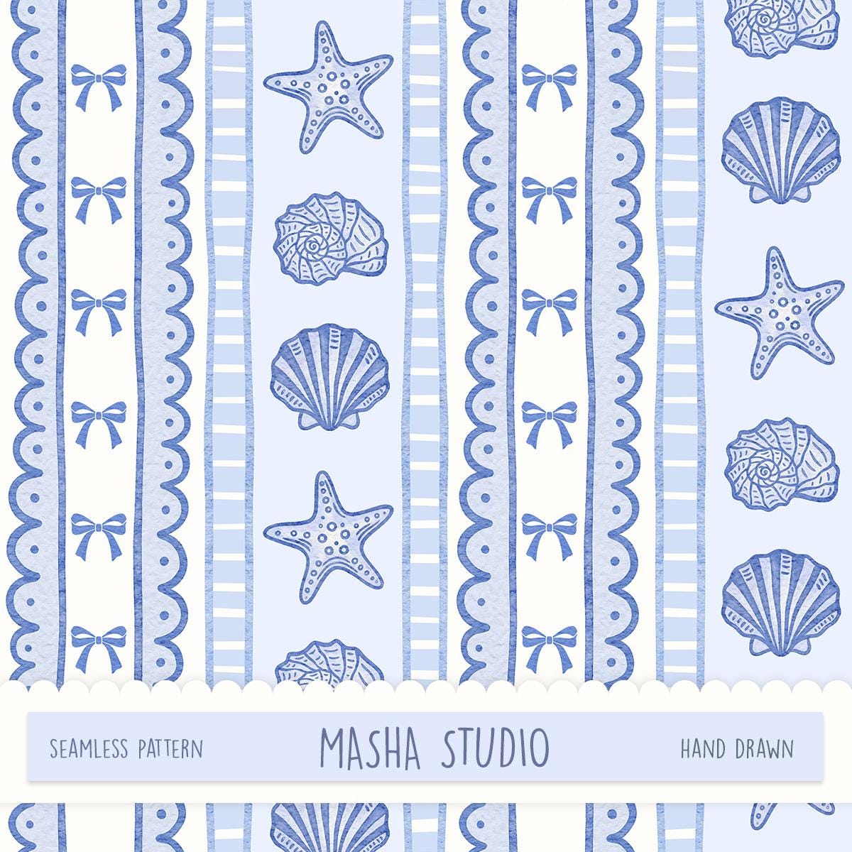 Blue Repeating Patterns Shell Lacy Shell Seamless Pattern: Preppy Blue Seashell and Bow Repeat ...