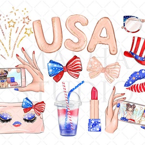May include: A set of digital clipart featuring patriotic American themed illustrations. The set includes a red, white, and blue bow, a pair of sunglasses, a red, white, and blue lips, a firework, a hat, a phone with a pug taking a selfie, a phone with a woman taking a selfie, a makeup bag with eyelashes and a bow, a red, white, and blue drink, and the word "USA" in red, white, and blue.