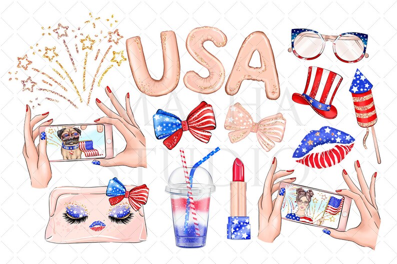 May include: A set of digital clipart featuring patriotic American themed illustrations. The set includes a red, white, and blue bow, a pair of sunglasses, a red, white, and blue lips, a firework, a hat, a phone with a pug taking a selfie, a phone with a woman taking a selfie, a makeup bag with eyelashes and a bow, a red, white, and blue drink, and the word "USA" in red, white, and blue.