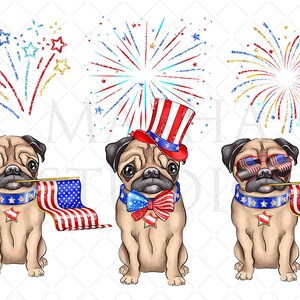 May include: Three pug dogs wearing patriotic attire. One pug is wearing a red, white, and blue top hat, another is wearing red, white, and blue sunglasses, and the third is wearing a red, white, and blue bow tie. Each pug is holding a small American flag.