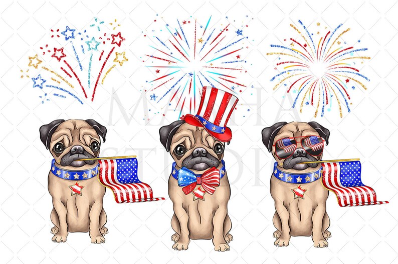 May include: Three pug dogs wearing patriotic attire. One pug is wearing a red, white, and blue top hat, another is wearing red, white, and blue sunglasses, and the third is wearing a red, white, and blue bow tie. Each pug is holding a small American flag.