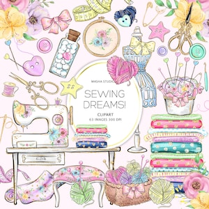 Masha Studio's Sewing Clipart, Sewing Machine Clip Art, Sewing Planner Stickers, Knitting Clipart, Mannequin Clipart, Cute Buttons, Tailory