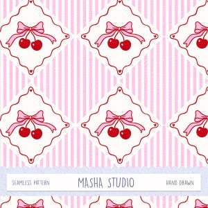 May include: Seamless pattern featuring a repeating design of red cherries with pink bows and a white scalloped border, set against a pink and white striped background. The text "MASHA STUDIO" is displayed at the bottom.