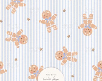 Blue Christmas Gingerbread Man Seamless Pattern by Masha Studio, Hand-Drawn File, For Commercial Use (Digital Download)