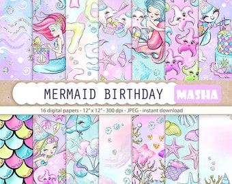 Mermaid Birthday Digital Paper Pack, Seamless Patterns (Digital Download)