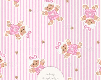 Pink Christmas Gingerbread Girl Seamless Pattern by Masha Studio, Hand-Drawn File, For Commercial Use (Digital Download)